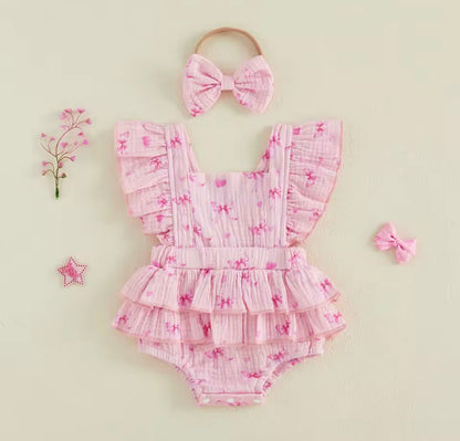 Pink Ruffle Bow Romper with Matching Headband