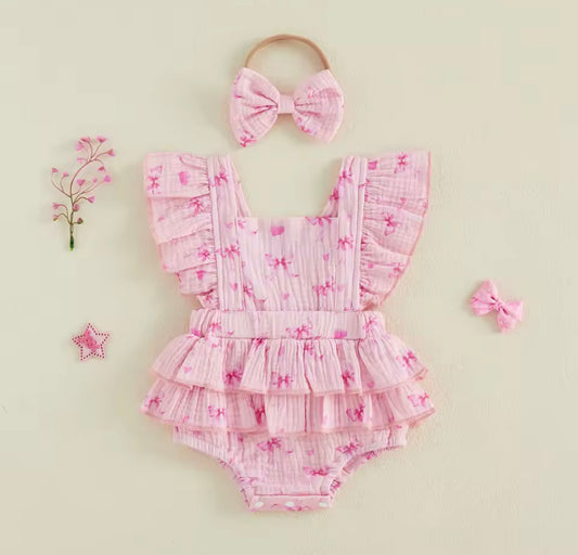 Pink Ruffle Bow Romper with Matching Headband