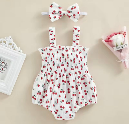 Cherry Summer Romper with Matching Headband