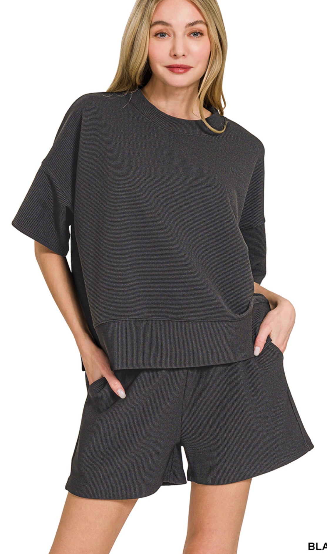 RIBBED ROUND NECK TEE SHORT SET