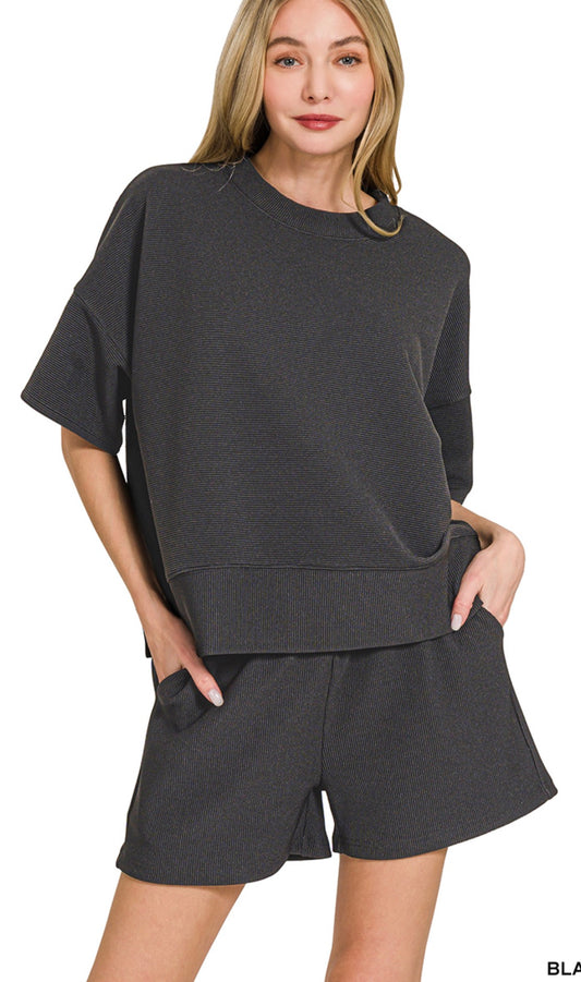 RIBBED ROUND NECK TEE SHORT SET
