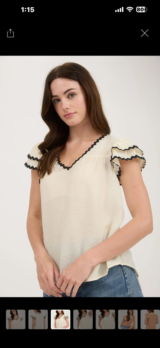 V Neck Wavy Trim Ruffle Sleeve Top